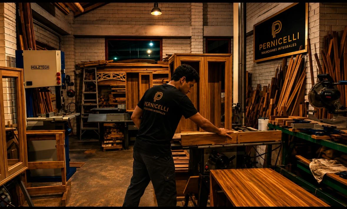 Trabajo de carpintería en el taller de Pernicelli